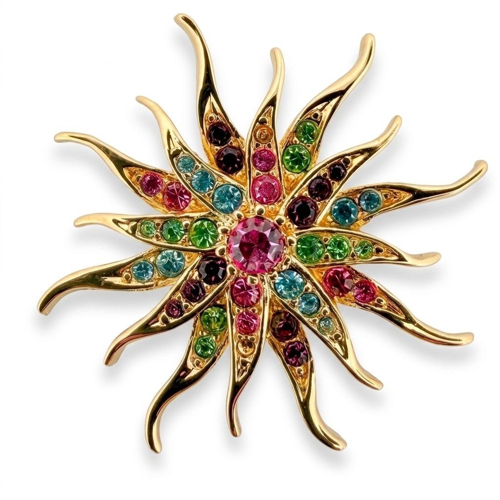 D'Orlan Signed Sunburst Brooch Multicolor Rhinestone Gold Tone Starburst Pin Vin